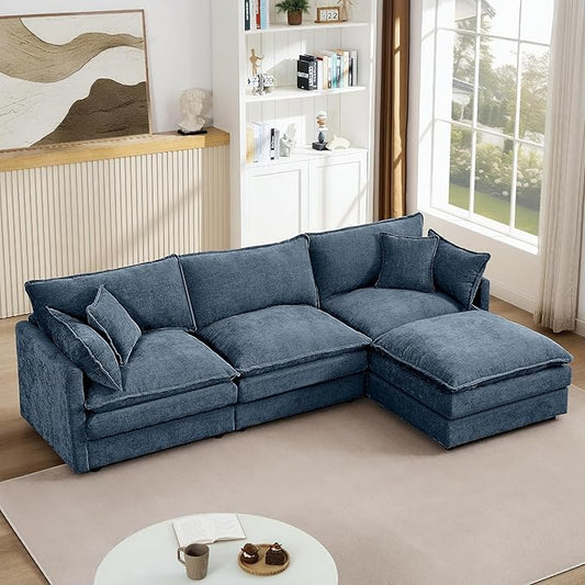 Blue Sectional Modular Sofa Cloud Couch 105 Modern Convertible L-Shape Sofa Deep 3-Seater Soft Chenille Comfy Upholstered with Removeable Ottoman Set and Removable Cushions for Living Room