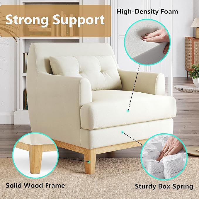 LINSY Accent Chair Large Reading Chair with Rubberwood Base Mid Century Modern Armchair with Lumbar Pillow Cozy Single Sofa Chair for Living Room Bedroom Office Study Velvet Arm Chair Beige