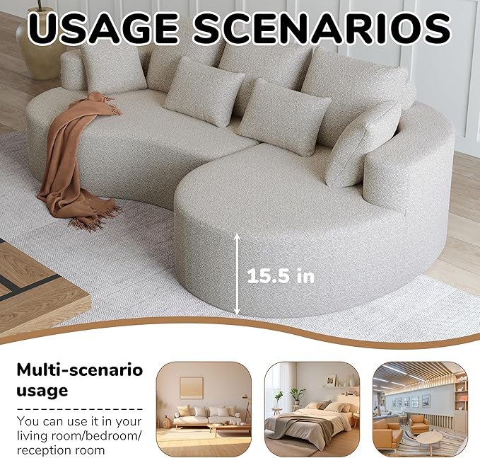 105 Boneless Chenille Upholstered Oversized Sofa Sectional 4-Seater 29.8 Deep Seat Curved Cloud Couch with 7 Pillows Free Combination Sofa Couch for Living Room (Beige 105 Right Lounge)