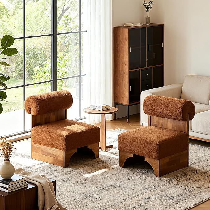 Christopher Knight Home Nadine Boucle Club Chair Upholstered Lounge Chair Rolled Backrest Accent Chairs Solid Wood Legs Frame Single Sofa for Living Reading Room Accent Chairs Set of 2 Brown