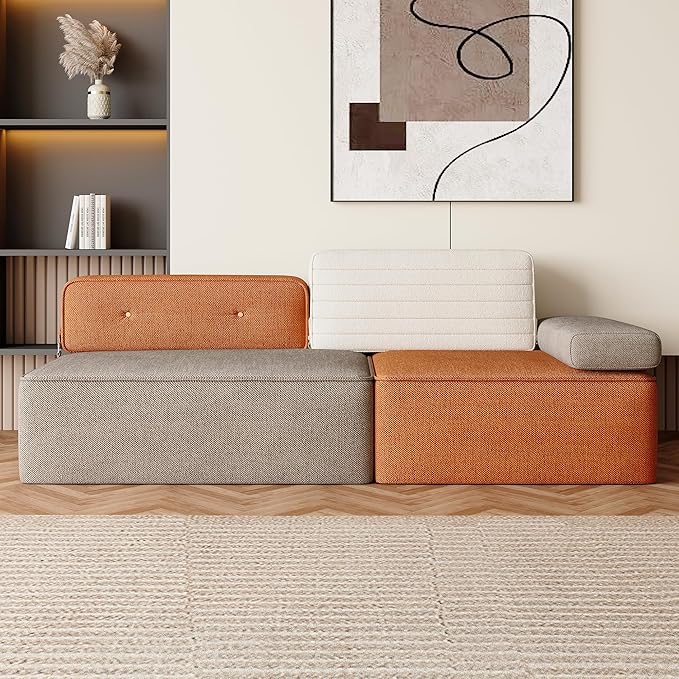 79.9 Modular Sofa Couch Modern 3-Seater Sectional with Detachable Backrest Deep Seating Comfortable Sofa for Living Room Apartment or Office Multi-Tone Beige/Brown/Orange