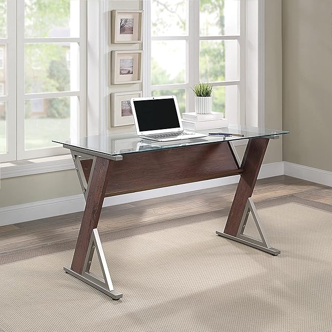 OSP Home Furnishings Zenos 48 Inch Desk with Floating Glass Top Traditional Cherry