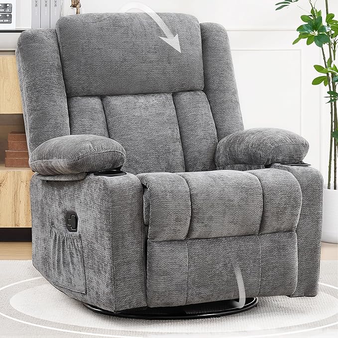 Swivel Rocker Recliner for Adults Manual Lazy Boy Recliner Chair with Cup Holders 360 Degree Rotating Nursery Rocking Chair Glider Recliner for Living Room (Grey)