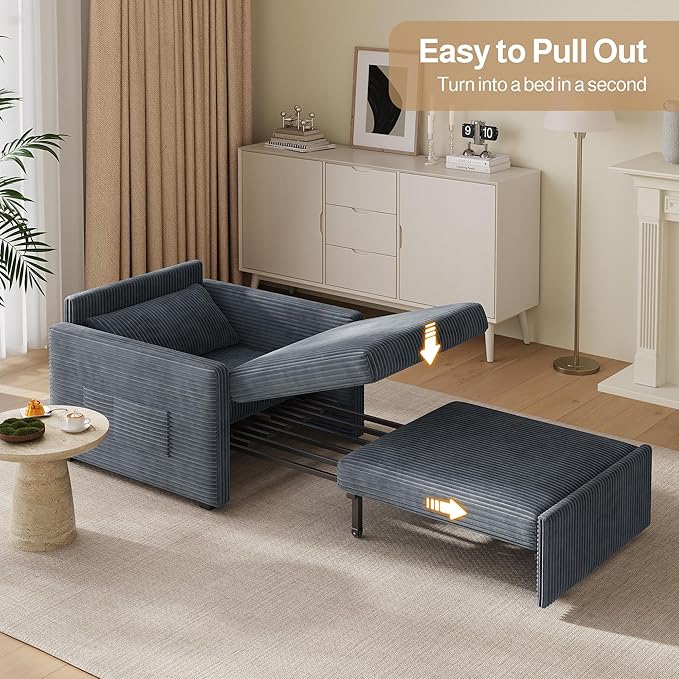 Ahomly 3 in 1 Pull Out Sleeper Chair 75.2 Long Convertible Sofa Bed for Adults Corduroy Armchair Chair Bed &amp Single Sleeper with Pillow for Dorm/Bedroom Dark Grey