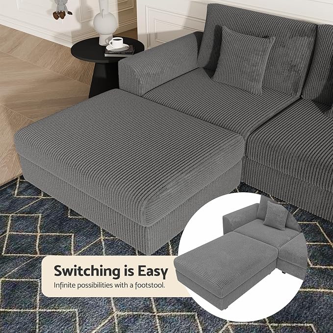 Oversized Modular Sectional Sofa with Storage Modern Sleeper Sofa Extra Deep Seat Comfy Corduroy Cloud Couch with Ottoman and 5 Pillows for Living Room (U Shape Sectional with Storage Grey)