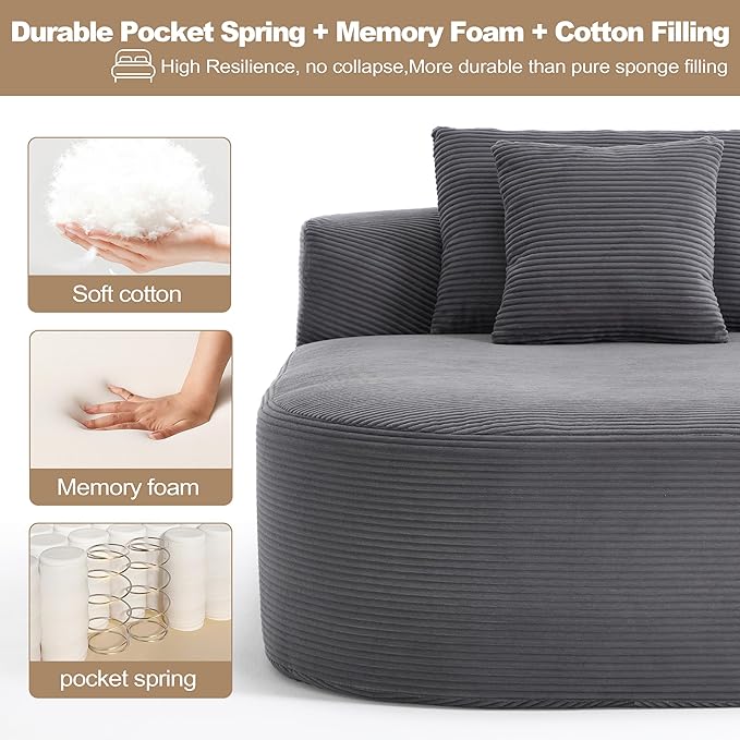 Boneless CouchComfy Fluffy Sofa BedUpholstered Sleeper Sofa with Throw Pillows and ArmrestsCorduroy Plush Cloud Lounge Chair (Grey 67 Boneless Couch)
