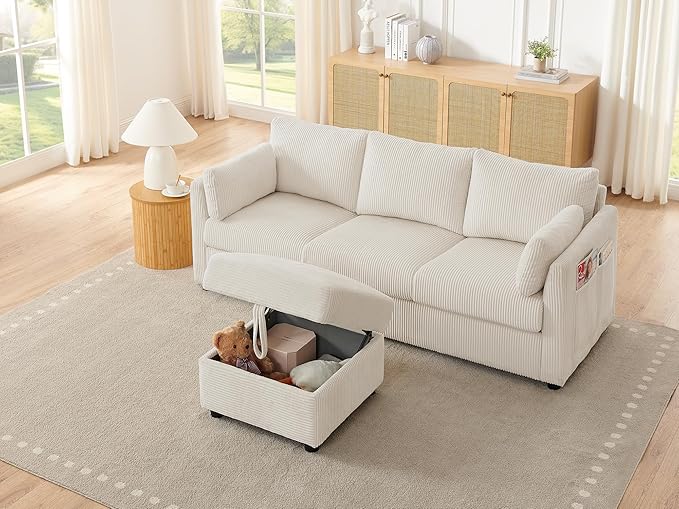 79 Couch for Living RoomMid Century Modern Couches with Big Pockets Corduroy Sofa with Three Cushions and Solid Wood Frame for Apartment and Small Spaces (Beige Sofa)