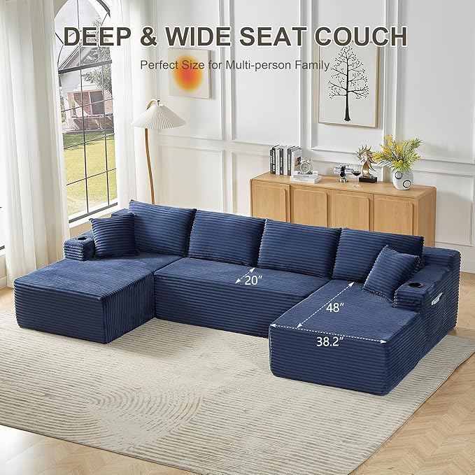 133.5 Blue Oversized U Shaped Cloud Couch Large Boneless Deep Seat Modular Sectional Sofa with Cup Holders &amp Side Pockets Modern Corduroy Foam Compressed Sofa Set for Living Room Apartment