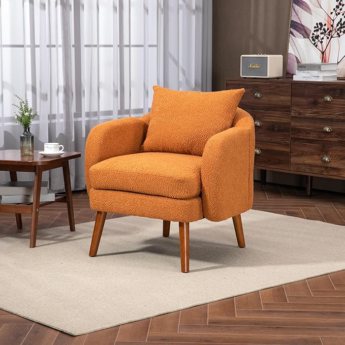 Mid Century Lounge Armchair with Boucle Fabric Solid Wood Legs and Comfortable Cushions Ideal for Bedroom and Living Room Reading and Relaxing (Orange)