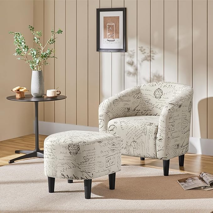 Yaheetech Modren Club Chair with Ottoman Fabric Accent Armchair with Footstool Upholstered Barrel Chair and Footrest for Living Room Bedroom Guestroom Letter Print