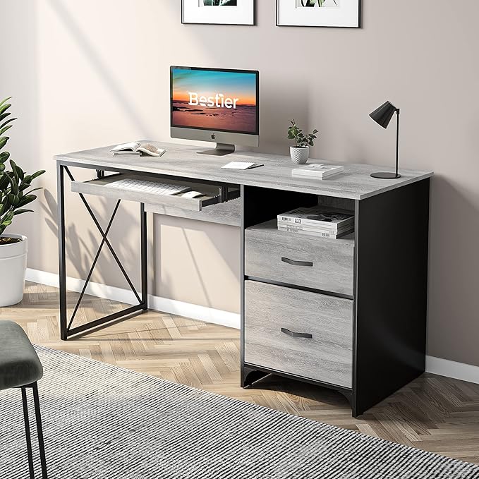 Bestier Office Desk with Drawers 55 inch Industrial Computer Desk with Storage Wood Teacher Desk with Keyboard Tray &amp File Drawer for Home Office Light Gray Oak
