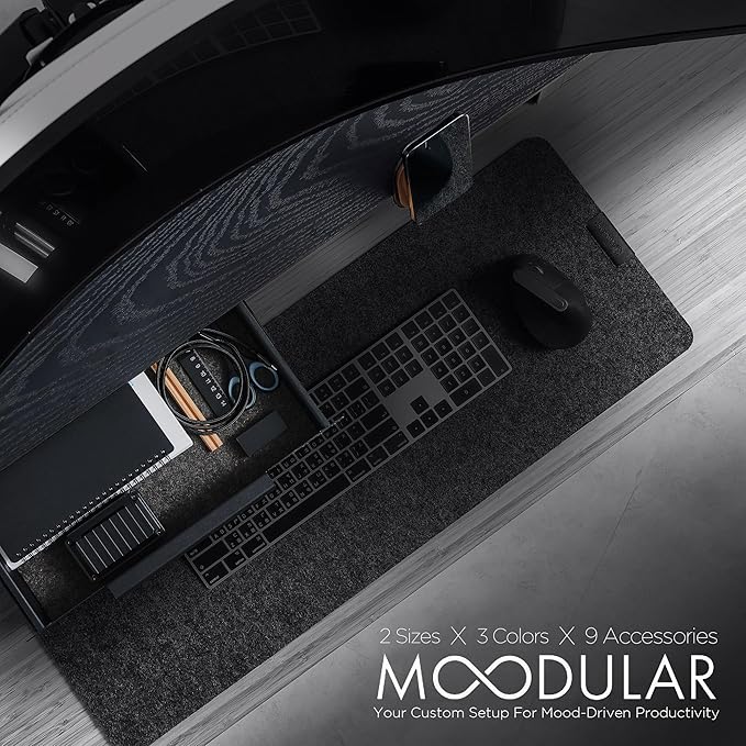 Moodular Wooden Monitor Stand 45.6” (116cm) Large Desk Organizer with Metal Slide Rails for Drawer Tray Laptop Tablet Phone &amp Headphones Customizable Riser for Organized Workspace Black