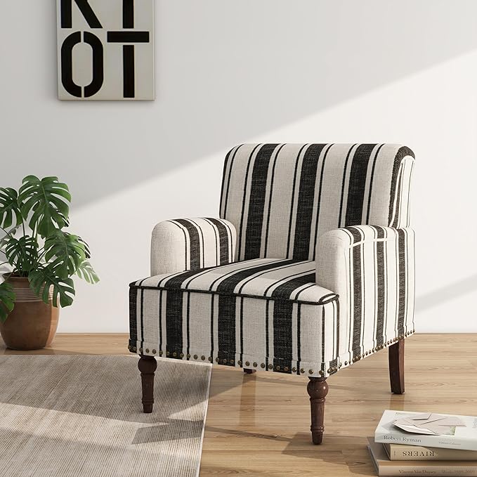 Accent Chair Mid Century Modern Comfy Armchair for Living Room Linen Fabric Single Sofa Lounge for Reading Bedroom Apartment Waiting Room with Wood Legs (Black Stripe Set of 1)