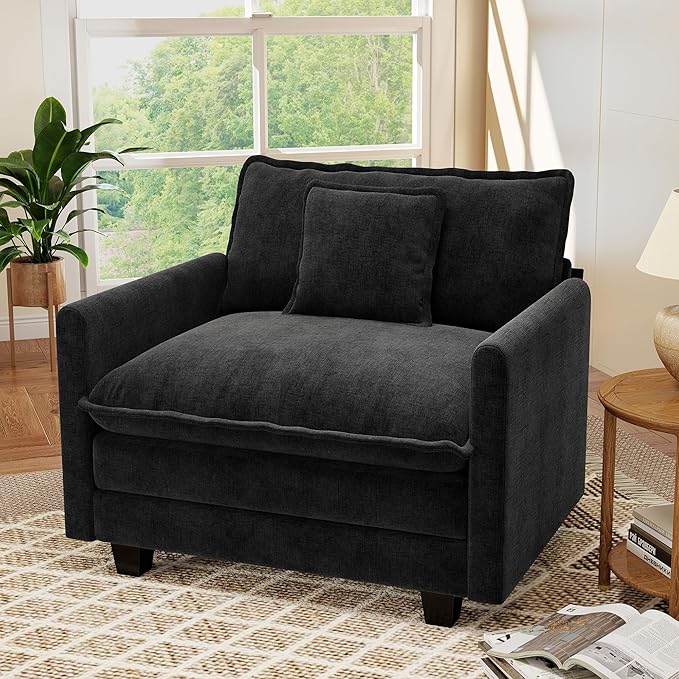 Hanherry 41.8” Oversized Accent Chair Chenille Single Sofa Chair for Living Room Modern Upholstered Reading Chair Deep Seat Comfy Armchair with Pillow for Bedroom and Apartment Black