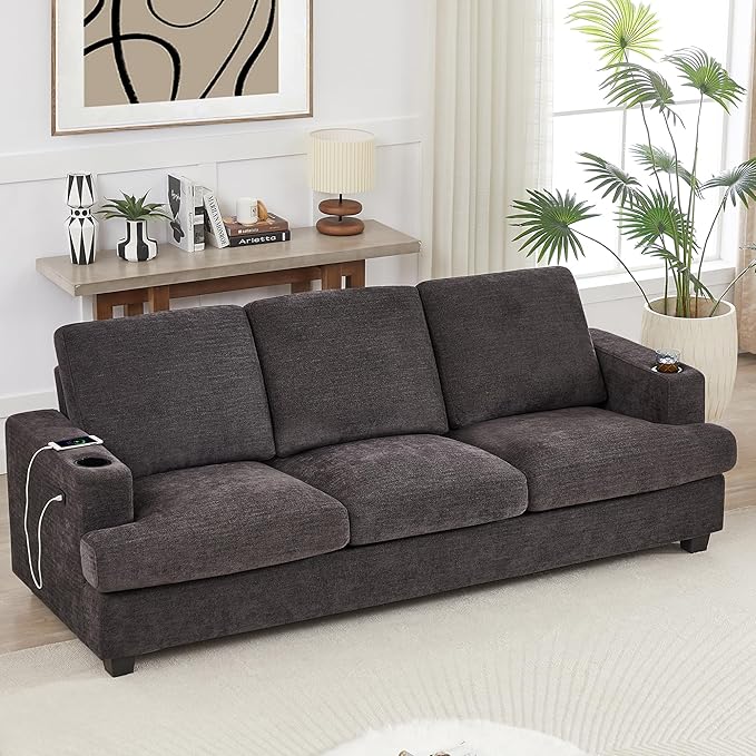 HOSTACK 89 Sofa Comfy Sofa Couch with Extra Deep Seats Modern 3 Seater Sofa with USB Charging Ports &amp 2 Cup Holders Chenille Upholstered Sofa for Apartment Living Room Office Dark Grey
