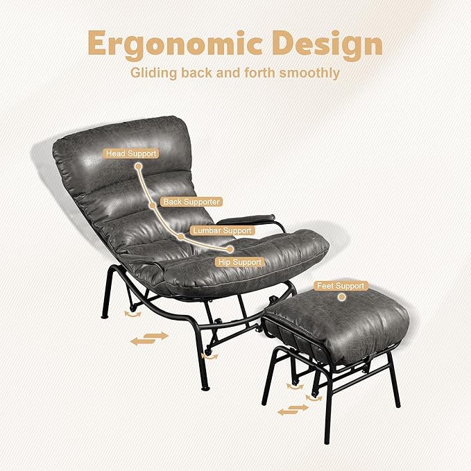 ovios Rocking Chair with Ottoman Glider Recliner with Footrest Lazy Accent Armchair with Comfy Cushion for Living Room Bedroom Office Suede Leather Grey