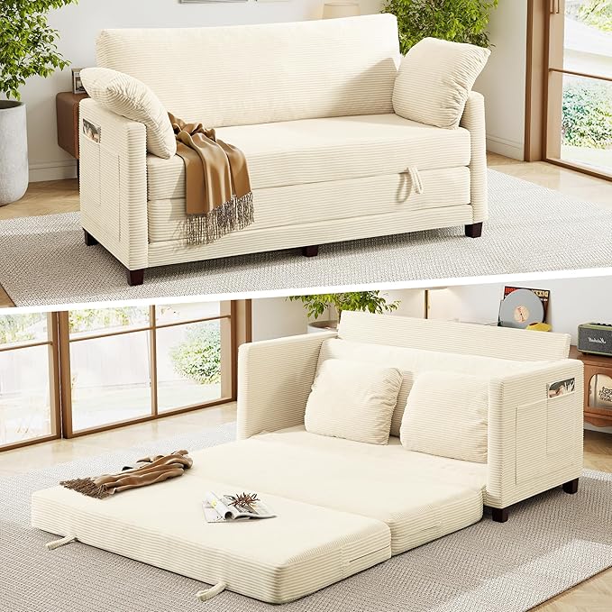 65 Loveseat Sleeper Sofa Bed Corduroy Convertible Sofa Bed for Small Spaces Folding Couch Bed with Deep Seat 2 Pillows &amp Solid Frame Pull Out Floor Couches for Living Room Beige