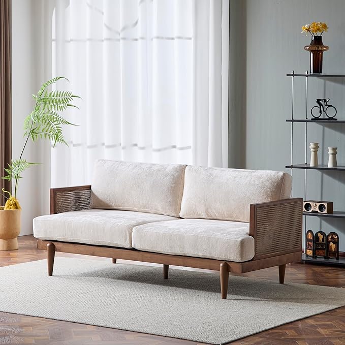 72 Square Arm 3-Seater Sofa with Cane Rattan &amp Rubber Wooden Frame Tapered Legs High-Resilience Sponge Beige Cushions Vintage Modern Couch for Living Room Bedroom Apartment Office Walnut