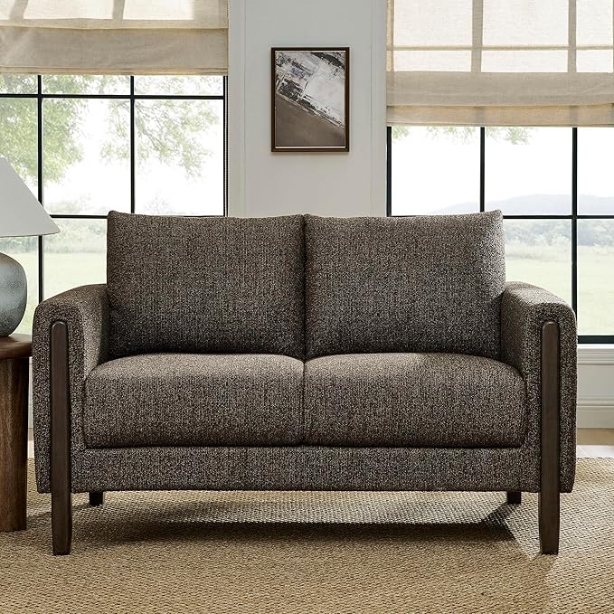 Modway Hawken 54 Inch Boucle Loveseat in Antique Espresso with Wood Legs – Mid-Century Modern Small Space 2-Seater Sofa for Living Room Bedroom or Office Lounge
