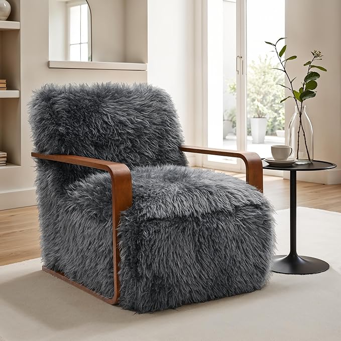 Furniture of America Ramos Modern Lounge Chair with Ultra Soft Faux Fur Long-Haired Accent Sofa Tight Seat and Back Single Couch Fluffy Living Room Seating No Assembly Needed Charcoal Gray