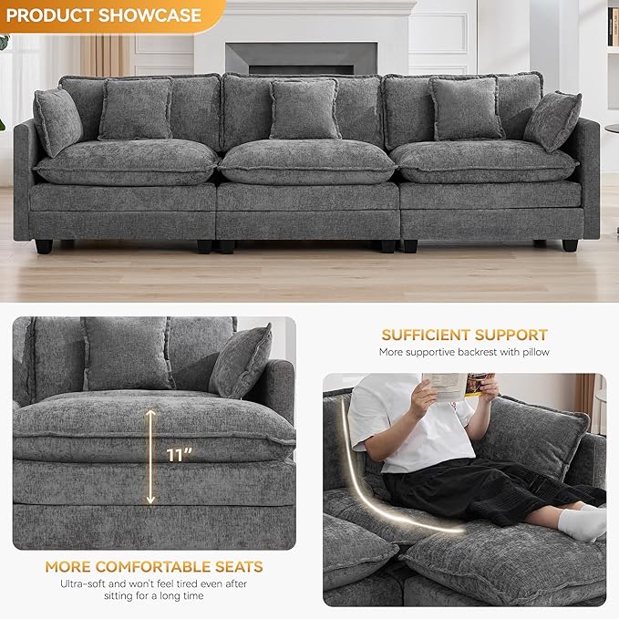 111'' Sectional Cloud Deep Seat Couch Modern Comfy Chenille Modular Sectional Sofa for Living Room Set Upholstered Modular 3-Seats Sofa Couch Grey