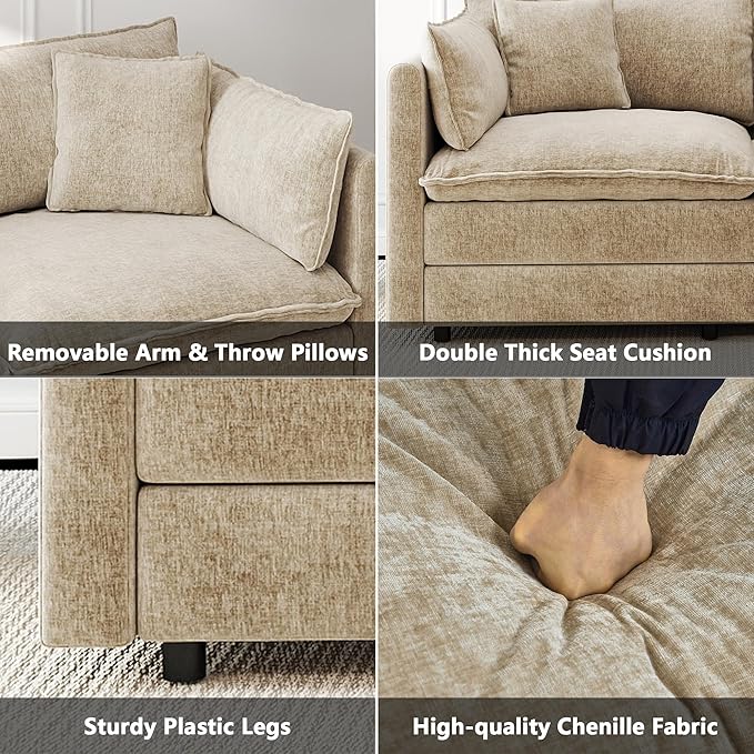 Aoowow Modular Sectional Sofa112.2 Inch Modern Deep 3-Seater Sofas Comfy Chenille Cloud Sofas and Couches with Pillows for Living Room Apartment（Camel）