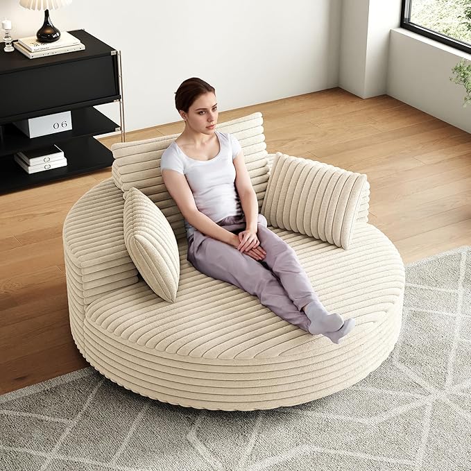 TTK 55” Oversized Corduroy Swivel Chair Fluffy 360° Rotating Sleeper Armchair with Pillows &amp Headrest Full Foam Barrel Chair for Living Room Bedroom Reading Nook Lounge or Apartment Beige