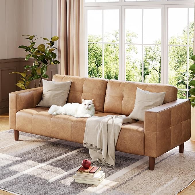 GarveeHome 3-Seater Sofa Couch 83 in Wide Faux Leather Sofa Couch with Spring Cushion Modern Sofa with Deep Seats and 2 Removable Back Cushions for Living Room Bedroom Apartment Office Brown