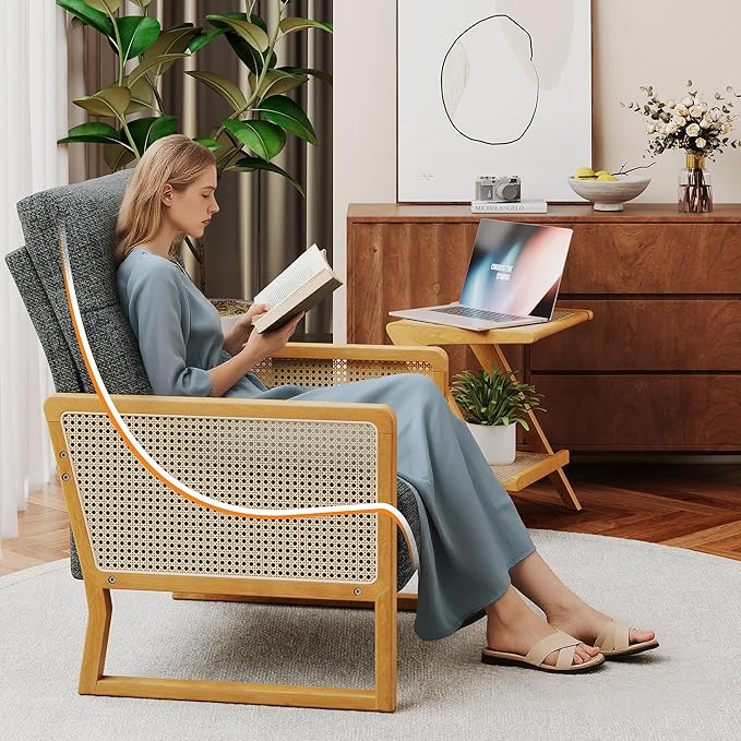 Upholstered Accent Chair Set of 2 Modern Rattan Accent Chair with Ash Wood Legs Comfy Dark Gray Armchair for Living Room