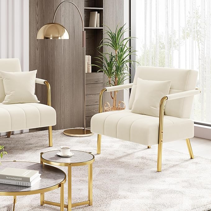 Yaheetech 30 W Accent Chair Velvet Oversized Armchair Living Room Chair with Golden Frame &amp Cozy Pillow for Living Room Bedroom Office Beige