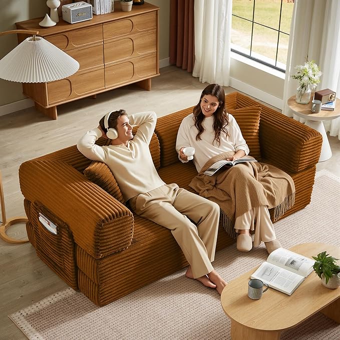 Boneless Couch Futon Sofa Bed Sectional Couches for Living RoomCloud Couch with Sleeper SofaSofas for Living Room Oversized Corduroy Upholstered (Orange 81 Inches (with Iron Frame))