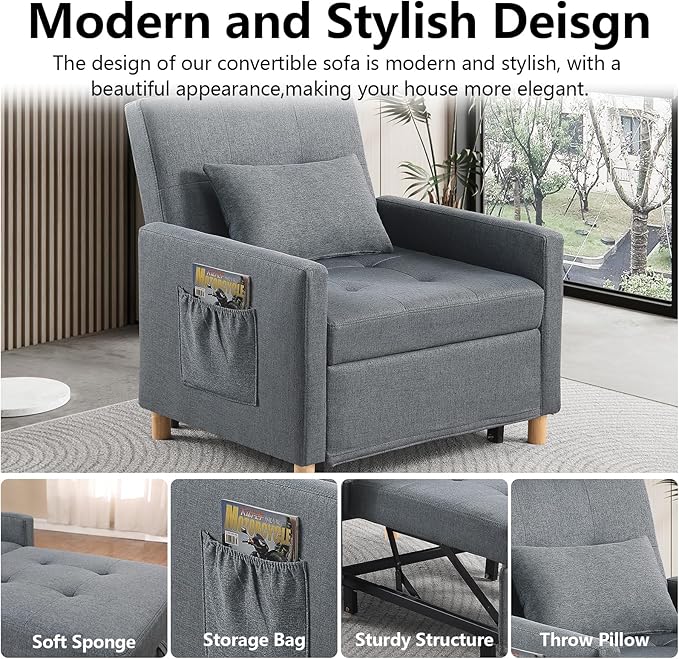 Sleeper Chair Bed Convertible Chair Bed Sleeper Pull Out Sofa Beds with Adjustable Backrest Modern Linen Fabric Convertible Chair to Bed for BedroomLiving Room Apartment-Dark Grey