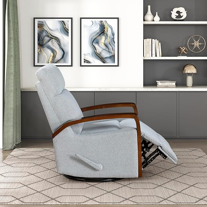 Lexicon 360 Degree Swivel Glider Reclining Chair Soft Boucle Manual Recliner Comfy Nursery Glider Recliner Wood Arms Pull Handle for Living Room/Office/Bedroom/Apartment Gray