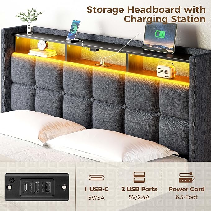 Rolanstar Bed Frame Queen Size with Lift Up Storage Charging Station &amp LED Lights Upholstered Storage Headboard Heavy Duty Wooden Slats No Box Spring Needed Noise Free Easy Assembly Dark Gr