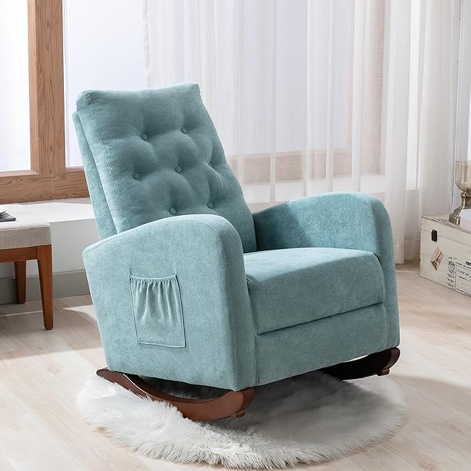Cozy Linen Reclining Rocking Chair with Side Storage Pocket Comfortable Button Tufted Rocker Elegant and Functional Rocking Recliner Chair Ideal for Living Room &amp Nursery Mint Green