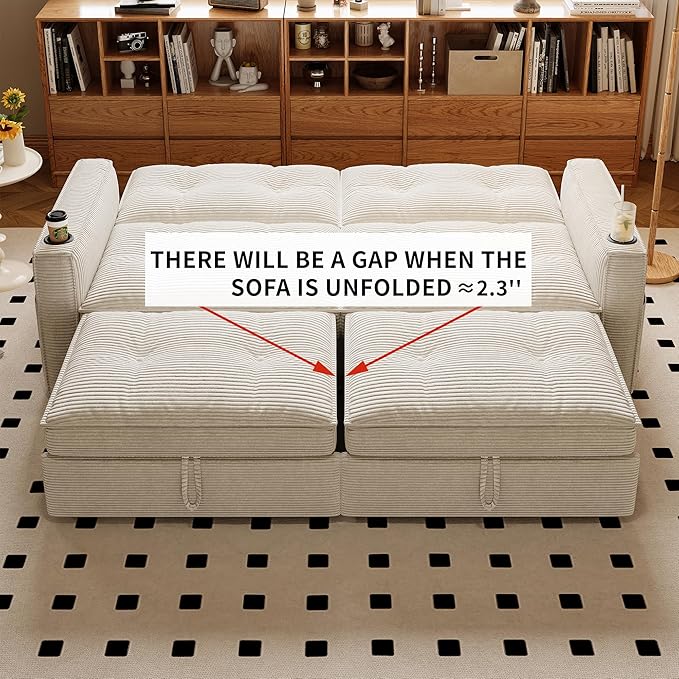 73.2 Pull Out Sofa Bed Corduroy Convertible Sleeper Couch Loveseat Chaise Lounge with Side Pockets &amp Cup Holder Pullout Futon Sofa Bed for Living Room Bedroom Small Spaces RV (White)