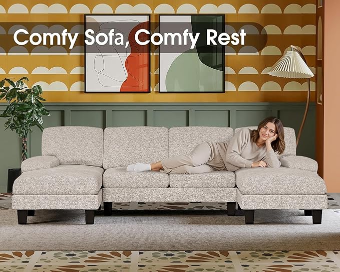 Furmax Sectional Couches for Living Room U-Shaped Sofa Couch with Linen Fabric 4 Seat Sofa Set with Double Chaise for Apartment (Loop Yarn Pearl Gray)