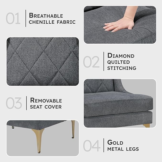 Lexicon Modern Accent Chair Living Room Chenille Upholstered Single Sofa Chair with Gold Metal Legs Wing Back &amp Diamond Stitched Back Armchair for Bedroom/Office/Waiting Room Dark Gray