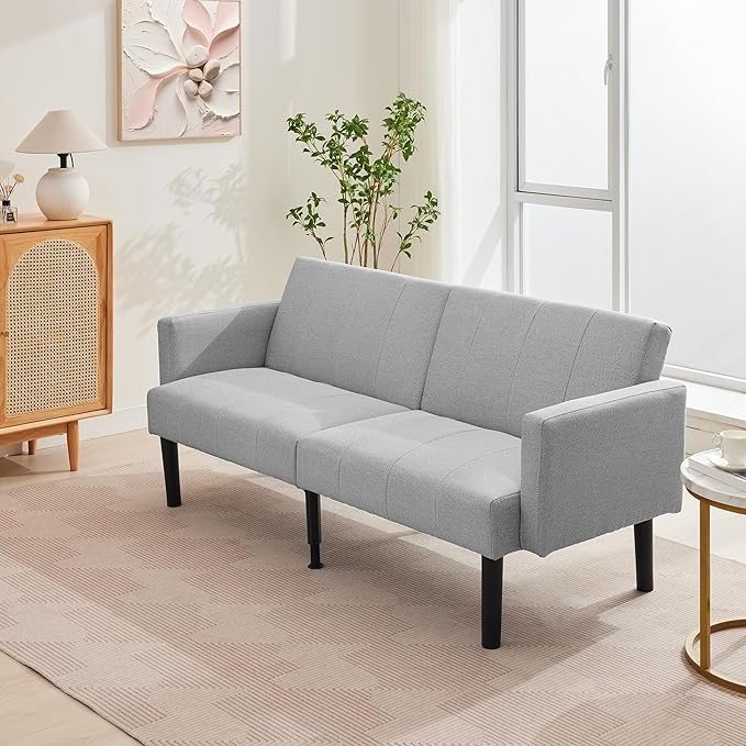 Garvee 75.5 Convertible Sofa Bed Vertical-Stripe Linen-Feel Fabric Sofa Features Sturdy Bed Legs Mid-Century Modern Folding Sofa Suitable for Living Rooms Bedrooms Dorms - Gray