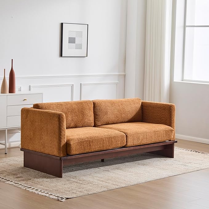Christopher Knight Home Perla Chenille Upholstered 3 Seater Sofa Couch with Pillow Wooden Home Sofa Living Room Comfy Cloud Couch for Bedroom Apartment Home Office Brownish Orange