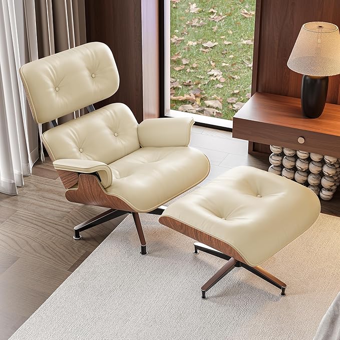 Top Cream White Grain Leather Mid Century Chaise Lounge Chair and Ottoman Modern Chair Classic Design Walnut Wood Heavy Duty Base Support for Living Room Office