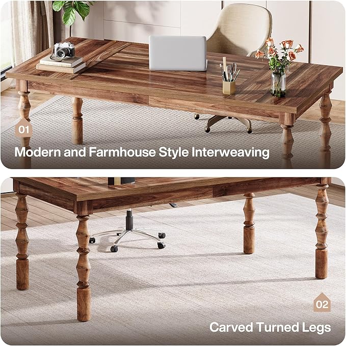 Tribesigns Large Executive Office Desk 62.2-Inch Farmhouse Modern Computer Desk Mid Century Study Writing Table Workstations Business Office Furniture with Carved Turned Legs (Walnut)