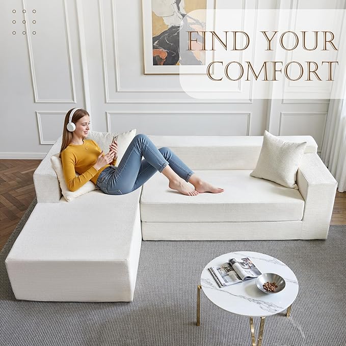 YINIX 106 Modular Sectional Sofa Modern Cloud Couch with L-Shape Chaise Upholstered Boneless Couches with Deep Seat Comfy Corduroy Sofa for Living Room Bedroom No Assembly (Beige)