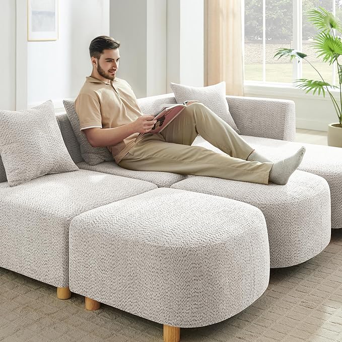 VANOMi 109.84 Modular Sectional Sofa with 3 Pillows Convertible 5-Seater Comfy Boucle Cloud Couch with Ottoman Modern Sectional Sofas for Living Room Office Apartment (Camel)