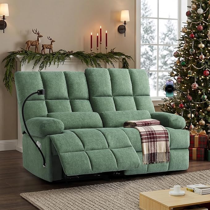 Rocker Recliner-Loveseat Recliner SofaCat-Proof Reclining Loveseat with Phone Holder RV Douber Recliner Sofa for Home TheaterLiving Room (Green-2 Seater) | Rocker Phone Holder