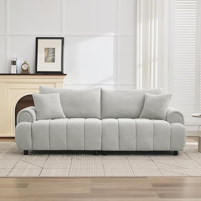 88 Modern Boucle Sofa Couch Oversized Comfy 3 Seater Sherpa Curved Sofas Deep Seat Upholstered Loveseat Teddy Round Arm Couches for Living Room Bedroom Light Grey
