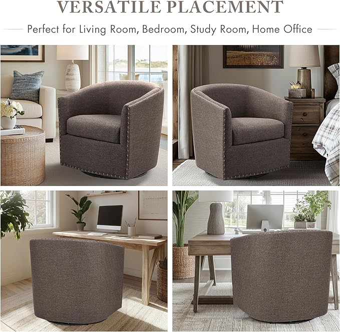 Madison Park Swivel Barrel Accent Chair Upholstered Curved Back with 7-Inch Thick Woven Cushion 360° Swivel Nailhead Trim Comfy Chair for Living Room Bedroom Office 28 Wide Chocolate Tyler