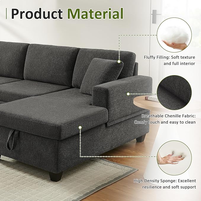 VANOMi 113 U Shaped Modular Sofa with Pull Out Bed &amp Storage Modern Sectional Sleeper Sofa with Chaise Chenille Sectional Couches for Living Room Small Space Apartment Dark Grey | Pull Out B