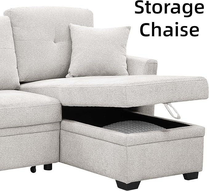Convertible Sleeper Sofa Bed with Pull Out Couch L Shaped Couch with Chaise Storage Small Sectional Couches for Living Room Apartment | Linen Fabric | 76.5 | Beige
