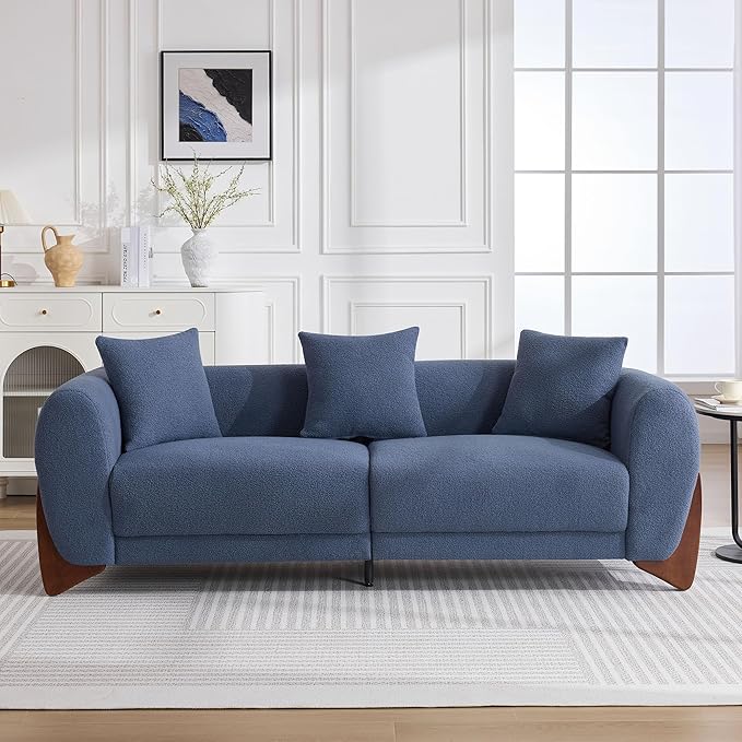 87 Sherpa Boucle Cloud Couch Modern 3 Seater Sofa with Solid Wood Legs 25 Extra Deep Seat Comfy Thick Cushion Upholstered Sofa Couches with 3 Pillows for Living Room Blue